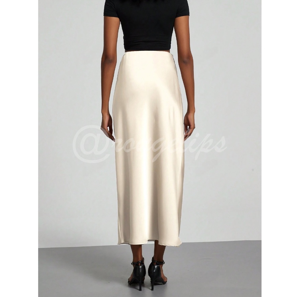 Champagne Beige Satin A-Line Skirt High Waisted Long - Picture 5 of 11